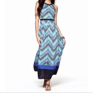 Ann Taylor Sleeveless Maxi Dress 8 Petite Stripped Blue Green Vacation Travel